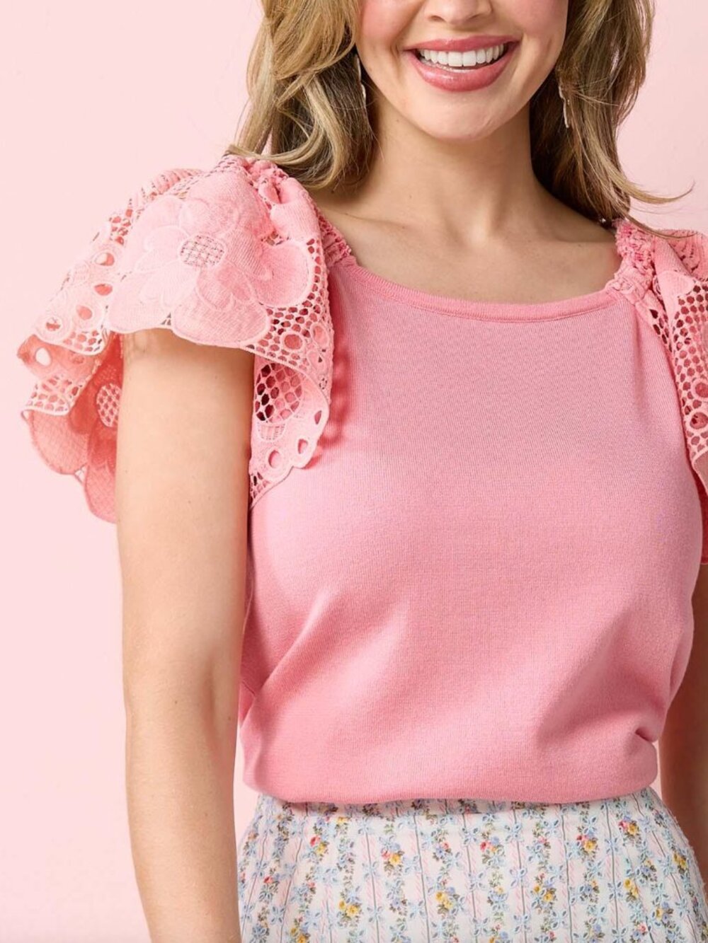 Cato Crochet Sleeve Top T Shirt XS Pink Knit Stretch Business Casual Floral Boho
